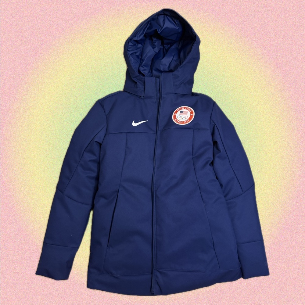 Authentic Nike Team USA Olympic 2022 Hooded Down Puffer Parka Jacket Navy Blue
